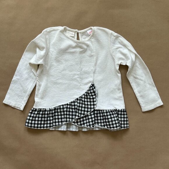Zara Long Sleeved White Tee with Gingham Ruffle Trim | 3-4Y - Picture 1 of 8